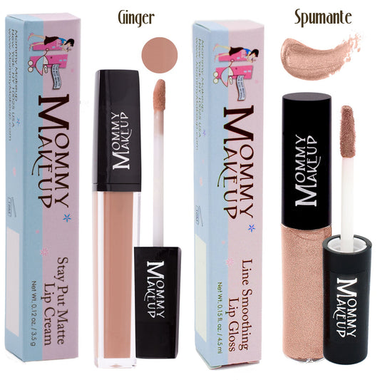 Sweet, chic, and oh-so-smooth. The&nbsp;Praline Pair&nbsp;is your go-to for natural beauty:

Ginger&nbsp;Stay Put Matte Lip Cream&nbsp;– a rosy nude matte lip cream

Spumante&nbsp;Line Smoothing Lip Gloss&nbsp;– a shimmering champagne gloss

Directions:&nbsp;Apply thin coat of Stay Put Matte Lip Cream to your lips. To do so, after dipping the wand into the tube, wipe off some of the product onto the opening, then blend the&nbsp;Stay Put Matte Lip Cream onto your lips.&nbsp;Let the color set/ dry. Then apply