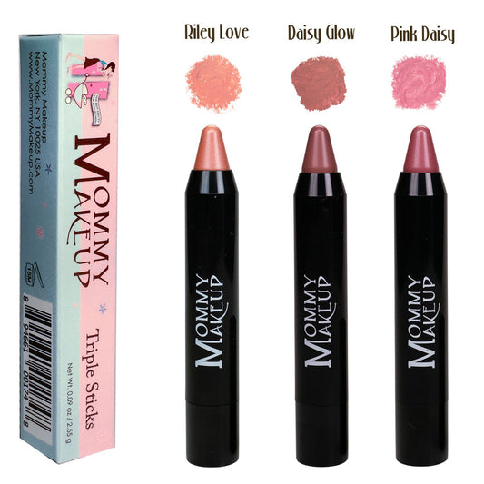 Get the perfect glimmer in every swipe! The *Threesome* bundle features three flirty pinks that glow and glisten:

- **Riley Love Triple Sticks Lipstick & Cream Blush** – a pinky peach with shimmer  
- **Pink Daisy Triple Sticks Lipstick & Cream Blush** – a daisy pink with shimmer  
- **Daisy Glow Triple Sticks Lipstick & Cream Blush** – a neutral pink with golden shimmer

This trio brings out your playful, radiant side—all in one swipe!